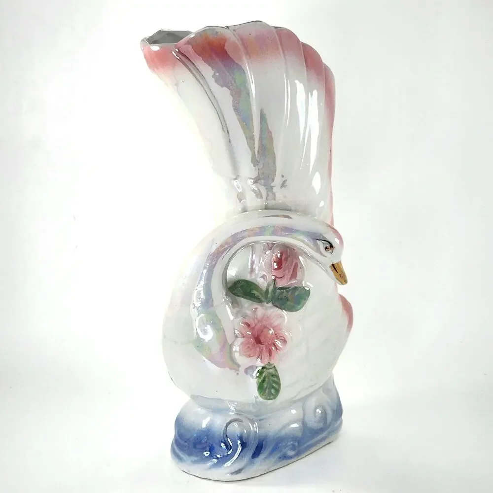 Vintage Iridescent Ceramic Swan Vase – Pink & Blue Floral Mid-Century Planter - Picture 4 of 8
